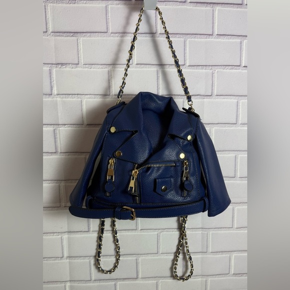 Blue Faux Leather Moto Jacket Style Backpack Purse Gold Chain Convertible Bag main image 10